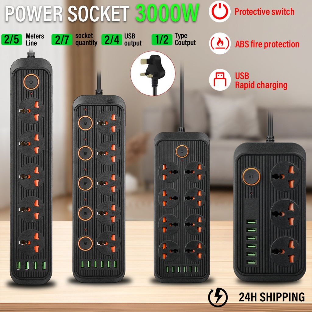 [MY Stock]UK PLUG 3000W Power Strip 5 Universal Outlet 6 USB Extension ...