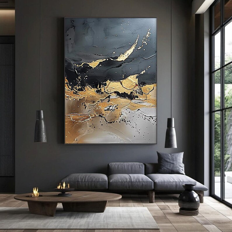 Black minimalist wabisabi wall art，Large black abstract painting, grey