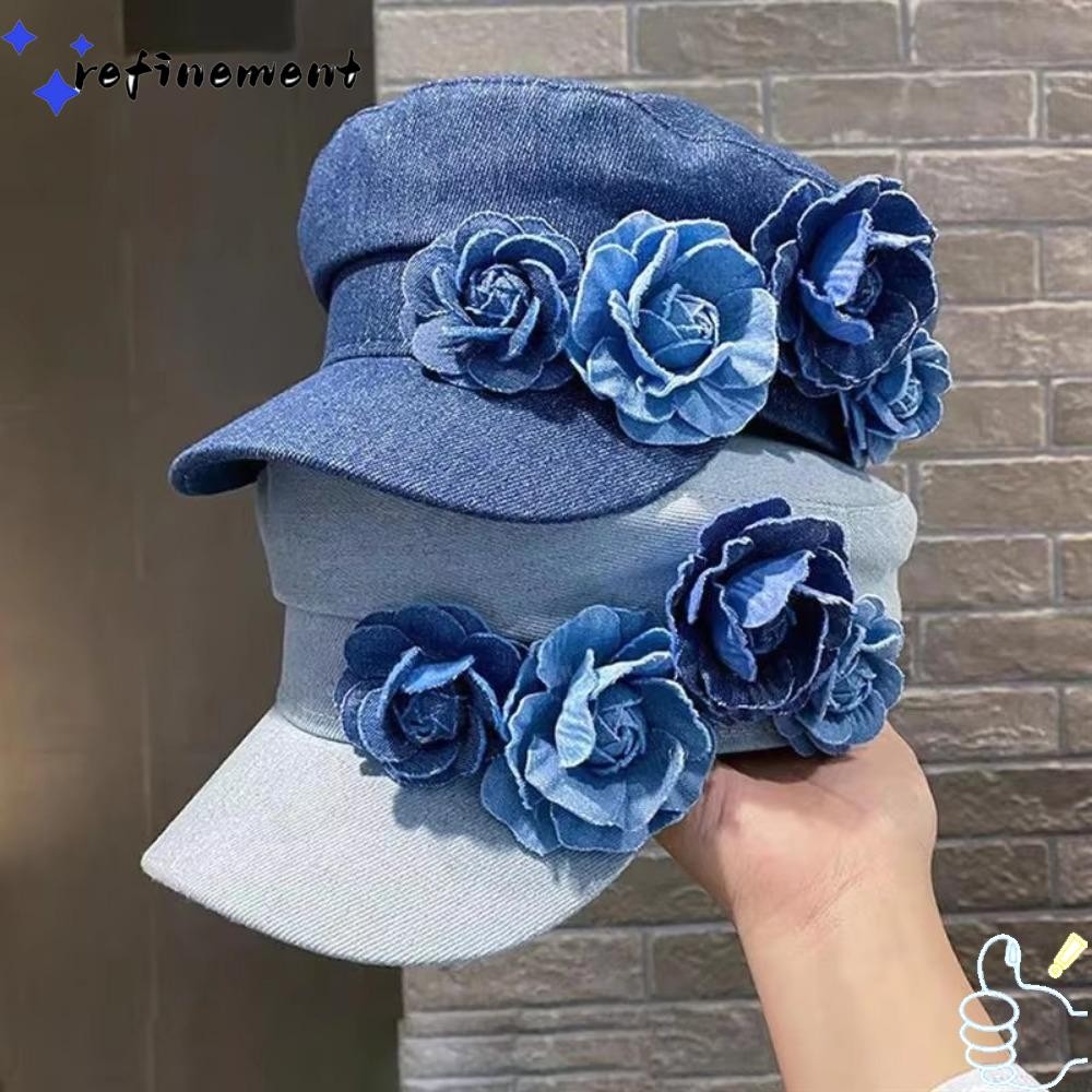 REFINEMENT Denim Octagonal Hat, Flower Cotton Flat Top Navy Hat ...