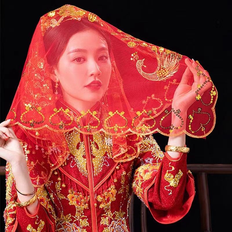 中式婚礼盖头秀禾服红盖头抖音网红纱盖头新娘头纱红色秀禾红盖头Chinese wedding cover show Hefu red cover ...