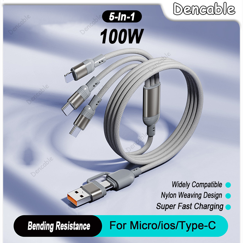 5-In-1 PD 100W Super Fast Charging Cable 2-to-3 Multi Port Nylon ...