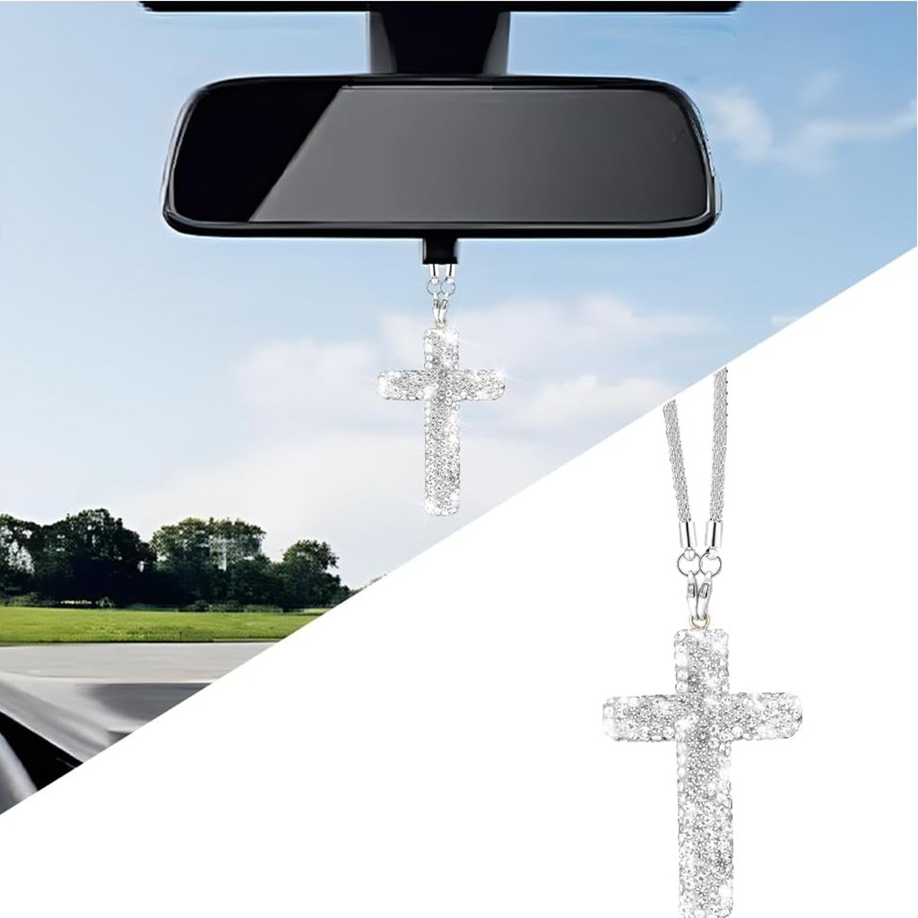 Bling Car Hanging Ornament, Cross Crystal Rhinestone Vehicle Rear View ...