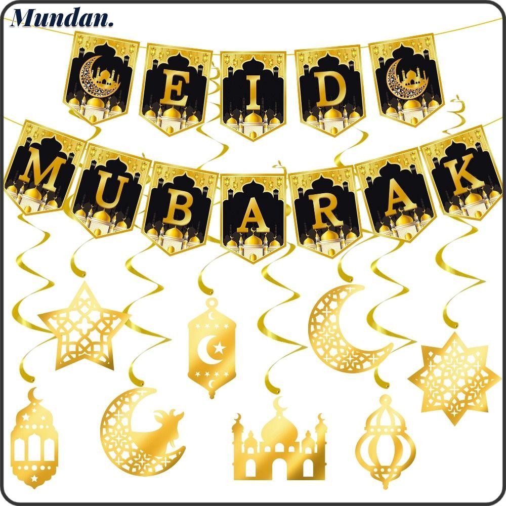 MUNDAN Eid Mubarak Banner, Paper Black Gold Moon Star Hanging Swirl ...