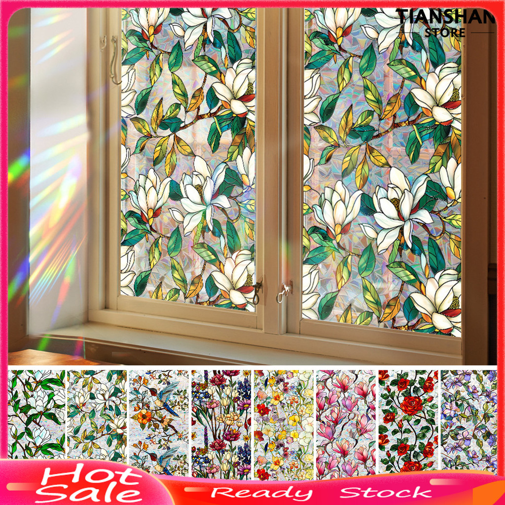 [TSS]☀Flower Window Privacy Film Double-sided Stained Glass Rainbow ...