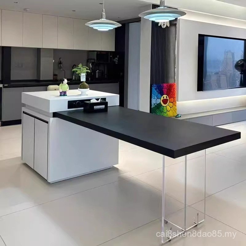 Minimalist Black White Rock Island Table Dining Table Integrated Retractable Open Kitchen Island ...