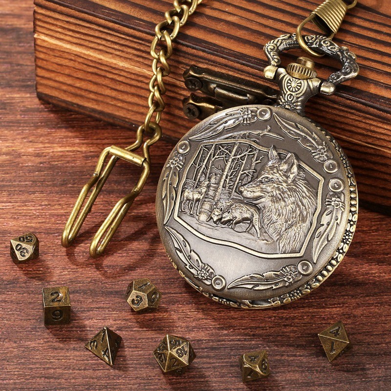 2025 New DND Dice Pocket Watch Case Bronze Relief Wolf Head Thick Waist ...