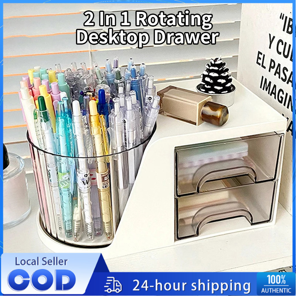 INS Large-Capacity Stationery Storage Box 360Degree Rotating Pen Holder ...
