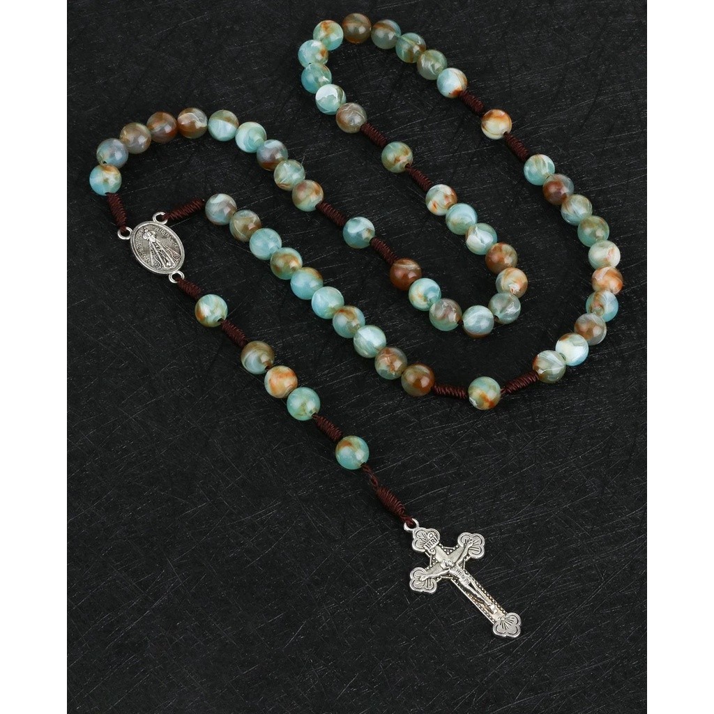Handmade Braided Rosary Necklace Chaplet Green Blue Prayer Beads Chain ...