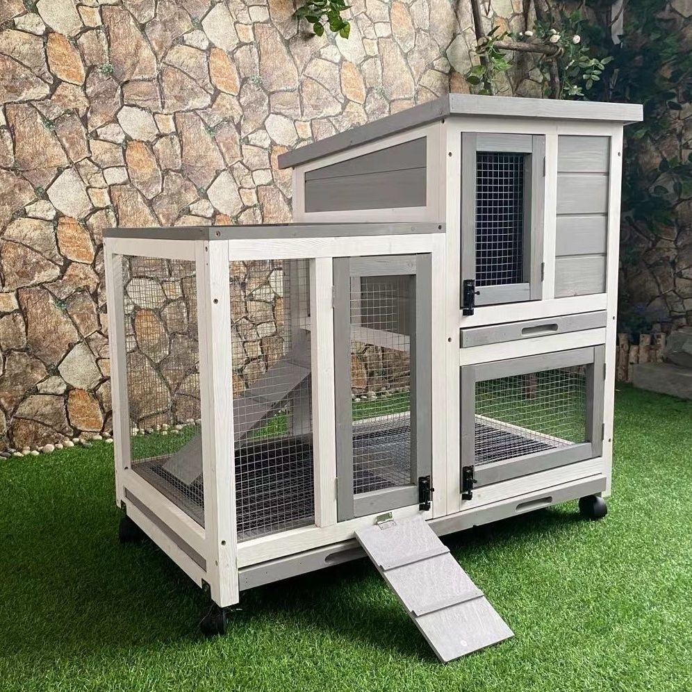 Outdoor wooden rabbit chicken cage double layer with tray rainproof and ...