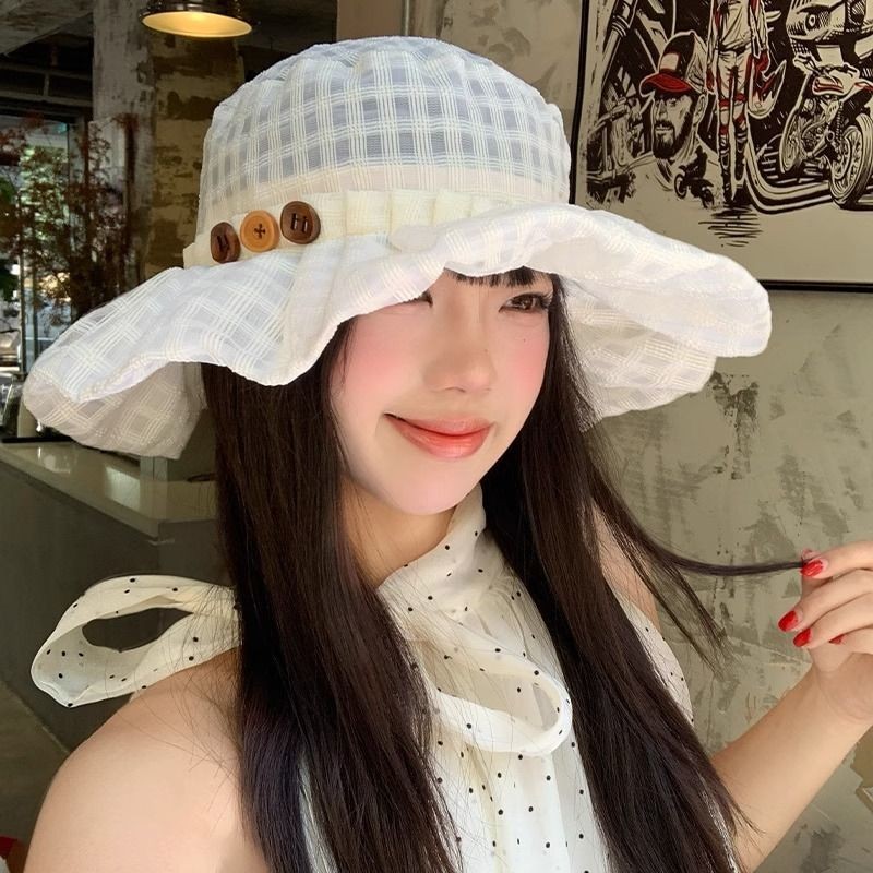 Japanese Style Button Plaid White Bucket Hat Summer 2025 Hat Anti ...