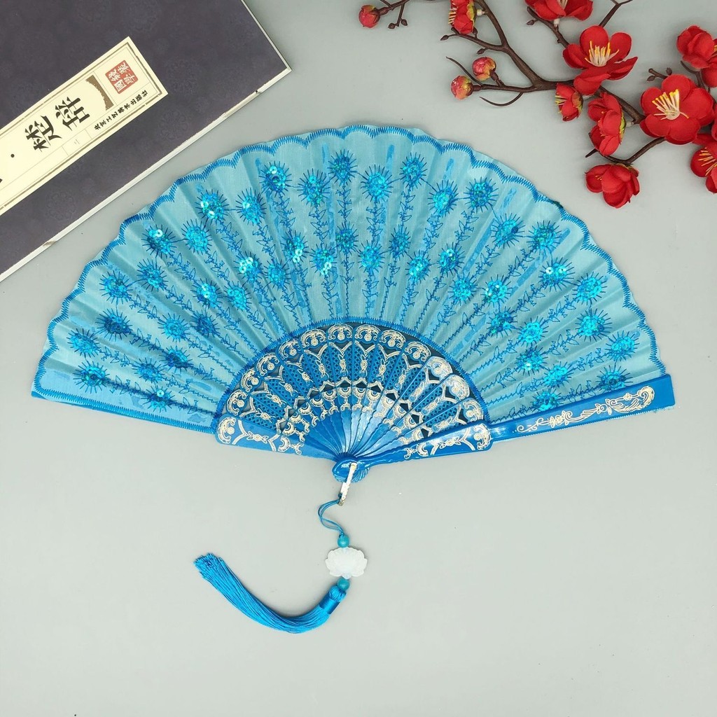 Peacock Dance Fan Black Rod Color Rod Sequins Chinese Fan Dance Fan ...