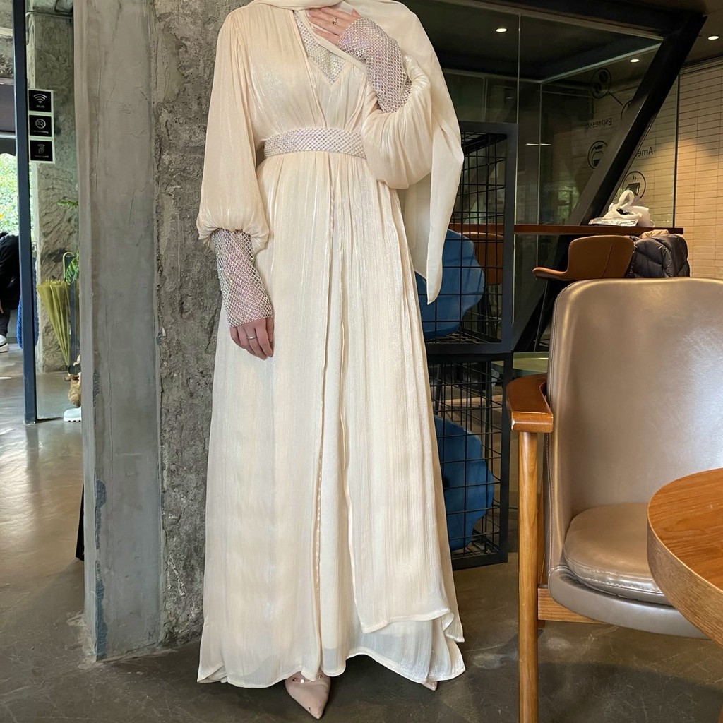 Super Shiny 4 Piece Set Abaya Chiffon Robe Evening Gown Dress | Shopee ...