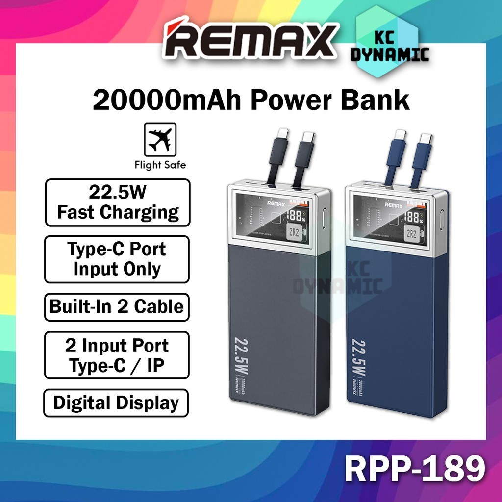 Remax RPP-189 20000mAh Powerbank 22.5W Fast Charging Built In Cable ...