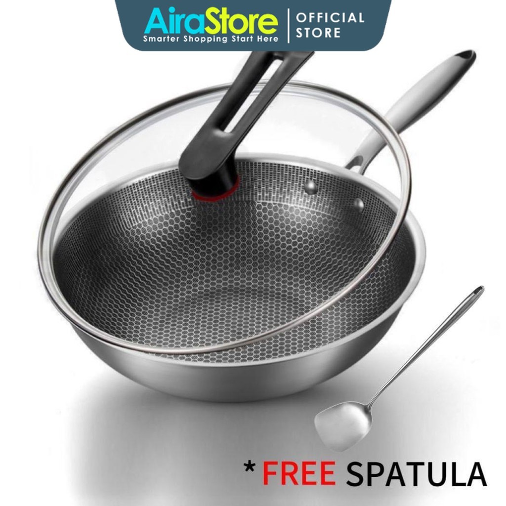AiraStore 32CM Honeycomb Wok Pan Non-stick Grill Deep Fry Glass Lid Pot ...
