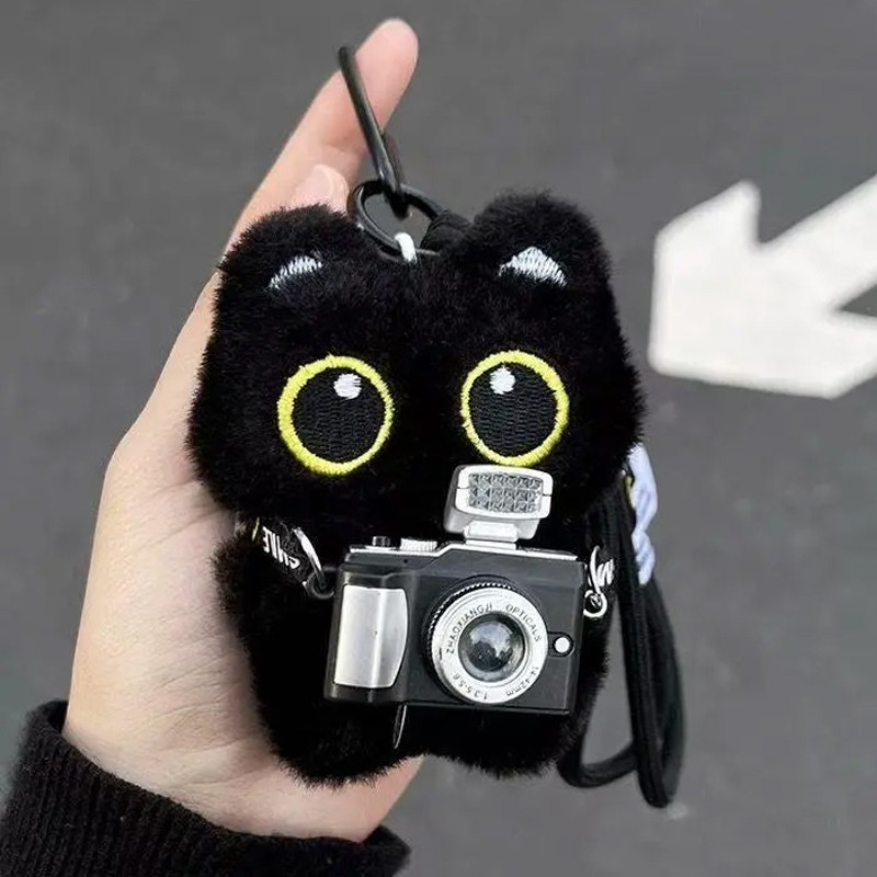 Camera Black Cat Plush Doll Keychains Cartoon Glasses Cat Keyrings Bag ...