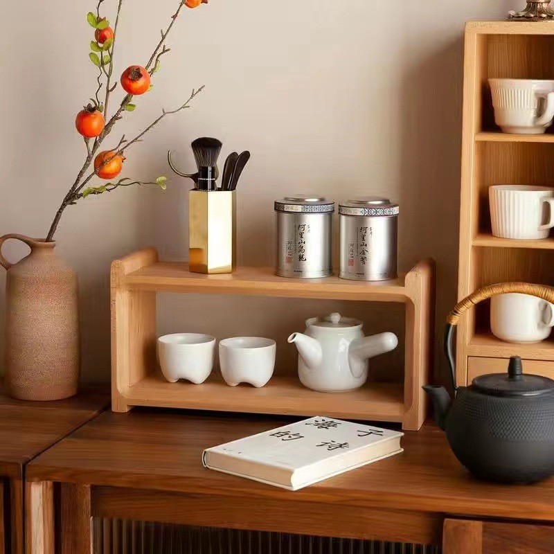 Simple Solid Wood Desktop Double-Layer Rack Japanese Tea Set Coffee Cup ...