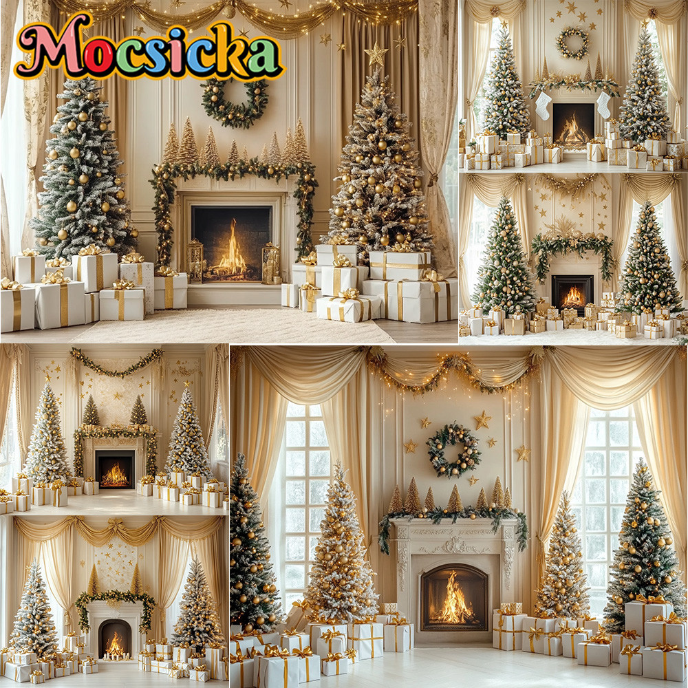 Mocsicka Photography Background Golden Christmas Tree Garland Fireplace ...