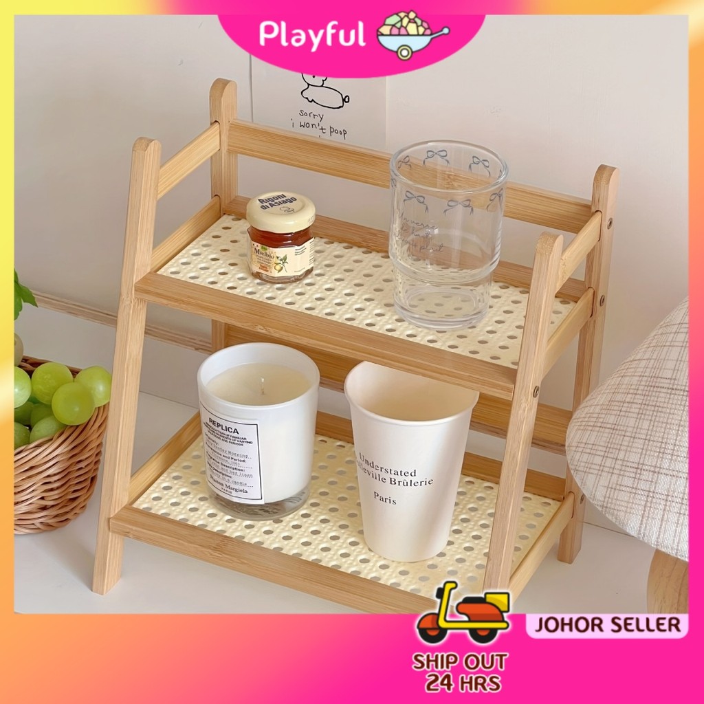 【PLAYFUL】Table Storage Rack Rak Buku Almari 2 Layer Bamboo Wooden ...