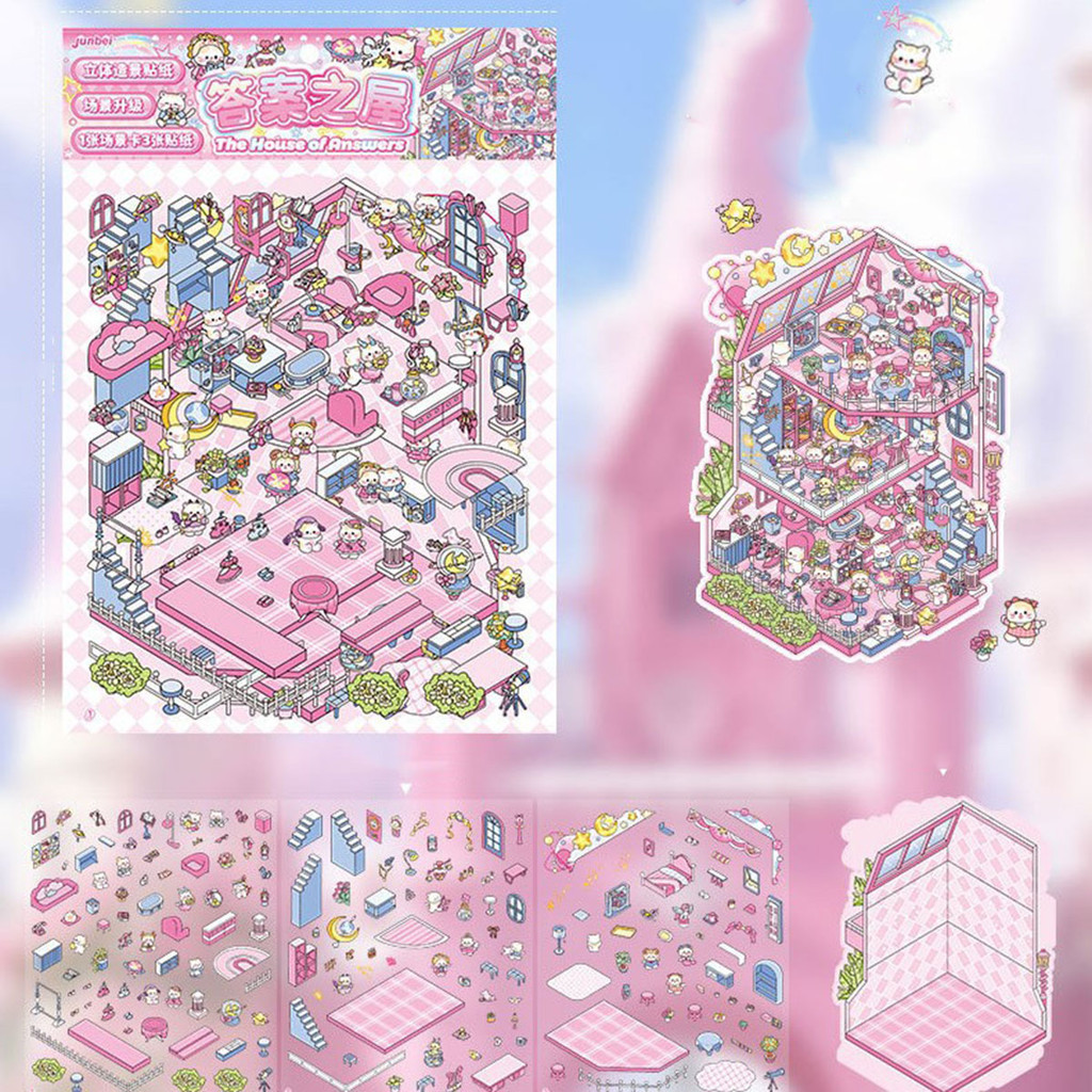 DIY 3D House Sticker Kit - 4 Sets of 3D Cartoon Scene Miniature ...