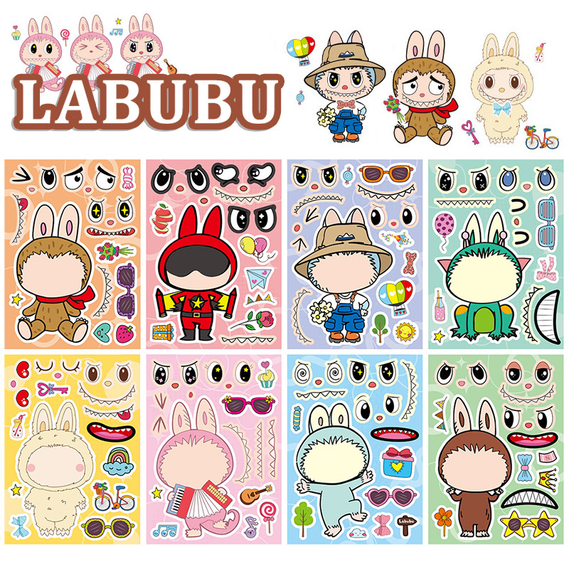 8PCS Cute LABUBU Doll Funny Face Changing Stickers for Children DIY ...