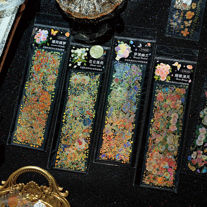 3 Sheets Vintage Floral Theme Laser Bronzing PET Stickers Diary Deco ...