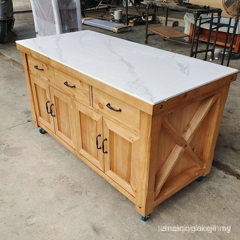 American-Style Solid Wood Movable Middle Island Table with Cabinet Door ...