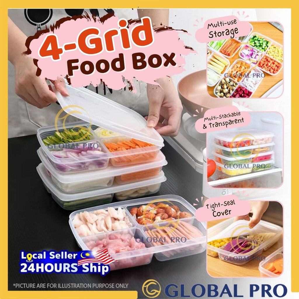 1PC 4-Grid Transparent Food Container Freezer Storage Bekas Makanan ...