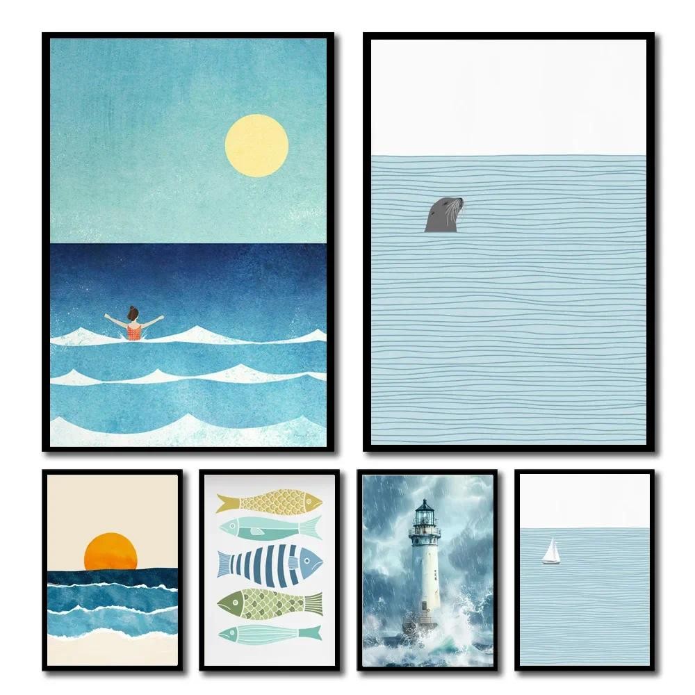 Aesthetic Coastal Canvas Wall Art Seaside Beach Birds Fish House Decor ...