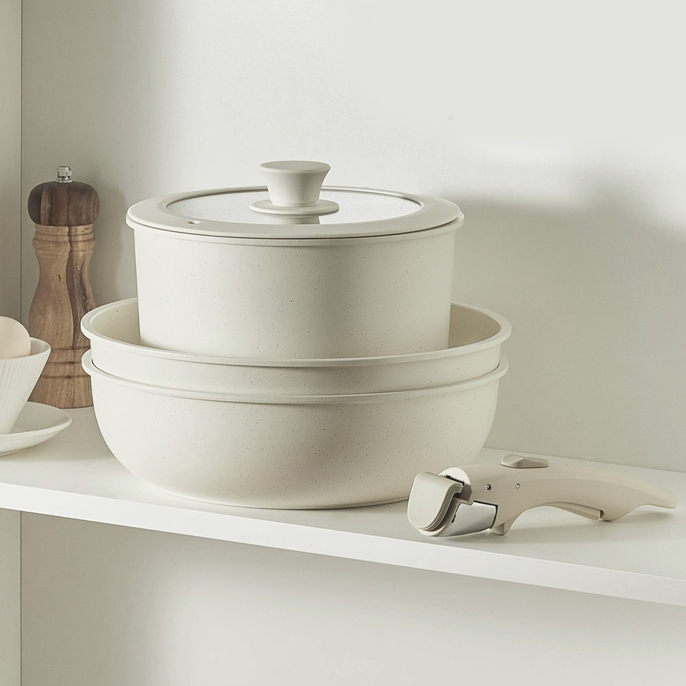 6Pcs Ceramic Non Stick Pot Set with Detachable Handle Coating Pot Pan ...
