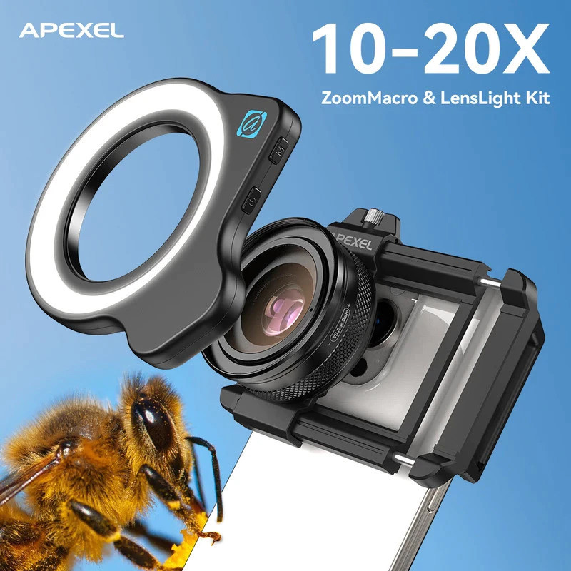 APEXEL 10-20X Zoom Macro Lens HD Micro Phone Camera Lenses With LED Fill  Light For Samsung All Smartphones Eyelash Macro