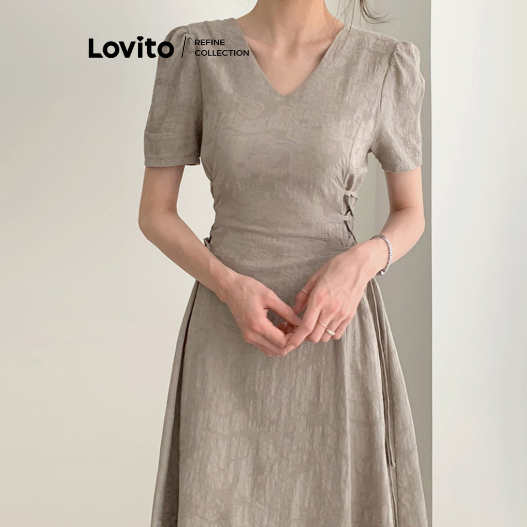 (Lovito Refine) Casual Plain Linen Drawstring Structure Line Dress for ...