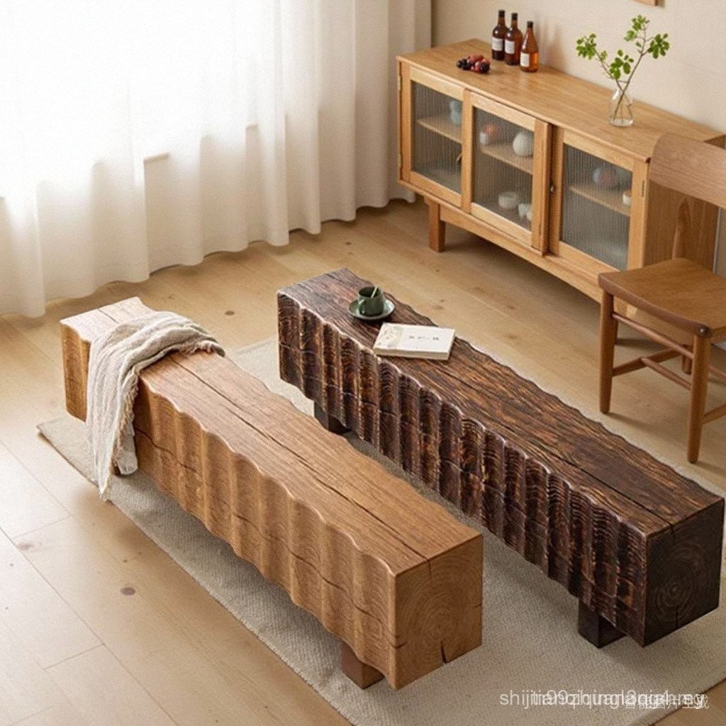 Wabi-Sabi Style Retro Long Bench Shoe Changing Bench Solid Wood TV ...