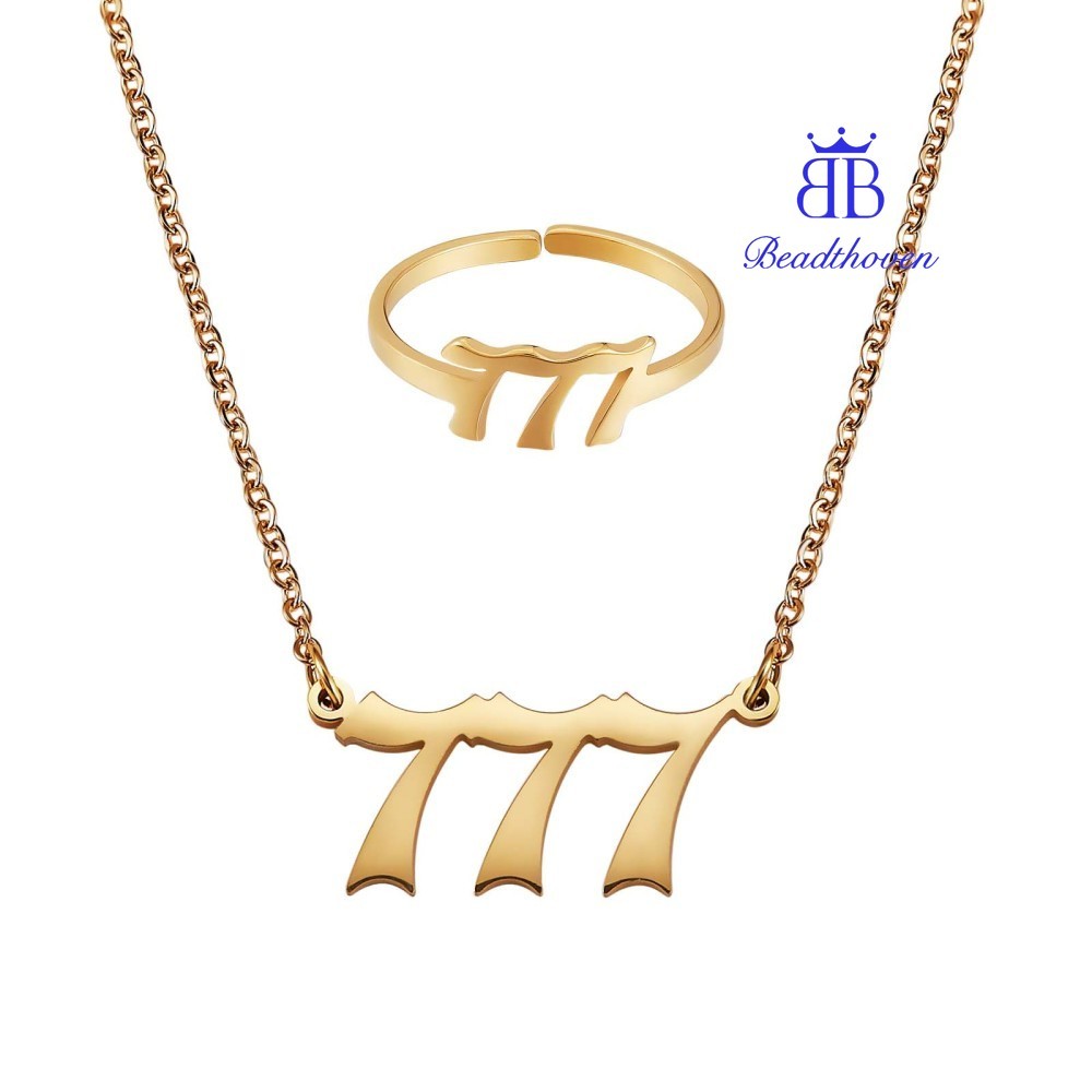 1set Number Necklace & Open Cuff Ring golden 304 Stainless Steel Lucky ...