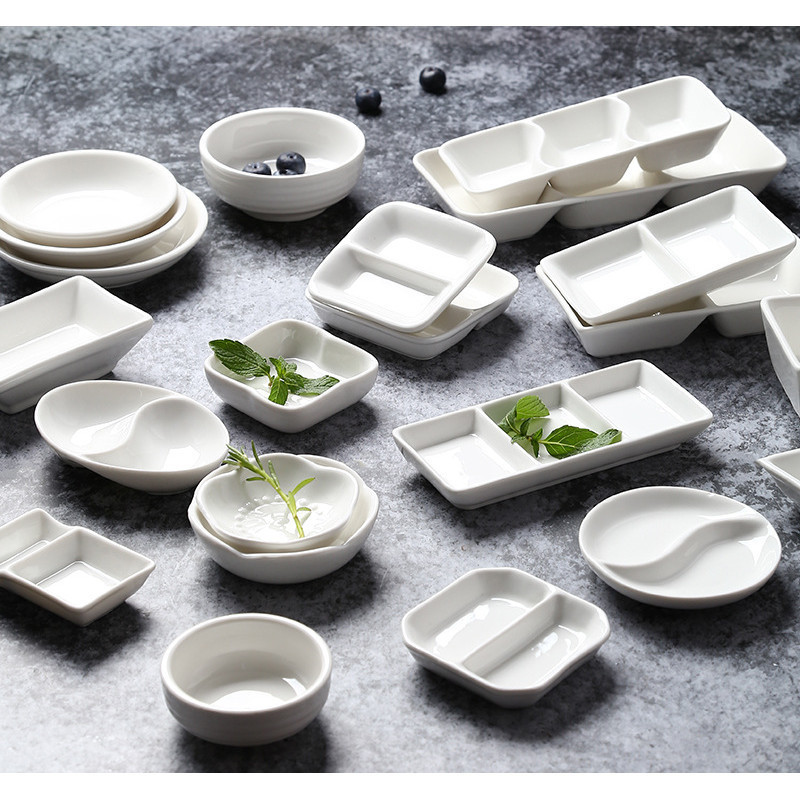 Pure white ceramic small dish commercial taste dish hot pot two grid ...