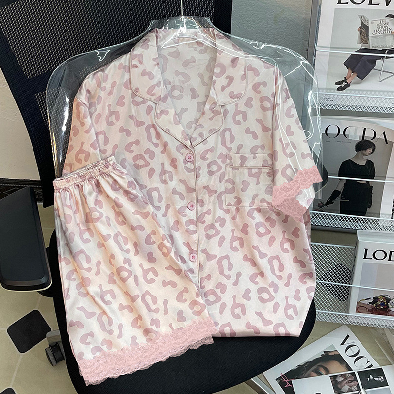 [40-75kg] Leopard Print Pajamas Set Women Ice Silk Casual Short-Sleeved ...