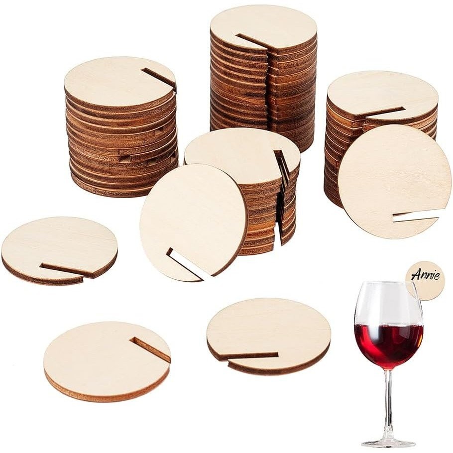 AHANDMAKER 60 Pieces Wooden Round Drink Labels Wooden Wine Glass Charms ...