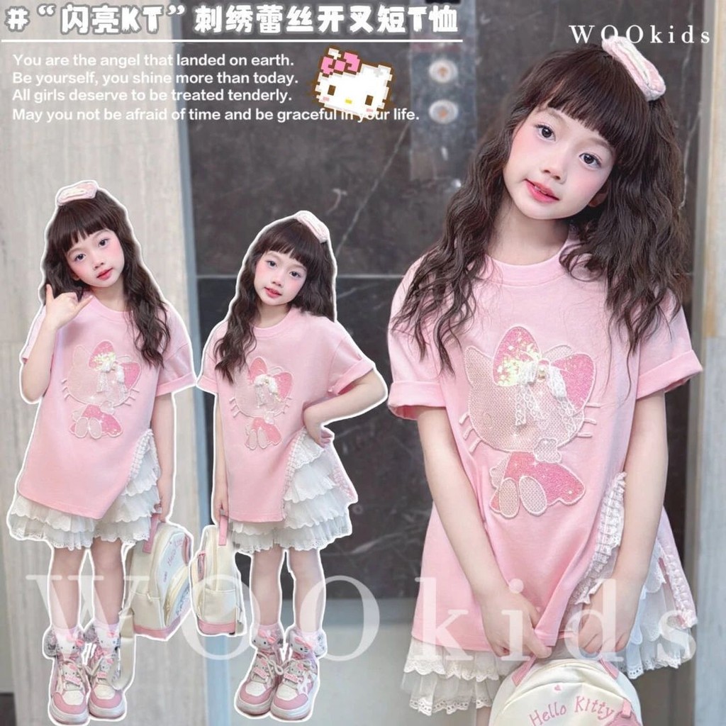 【sell well】sweet cartoon Hello Kitty with split lace short sleeve T ...