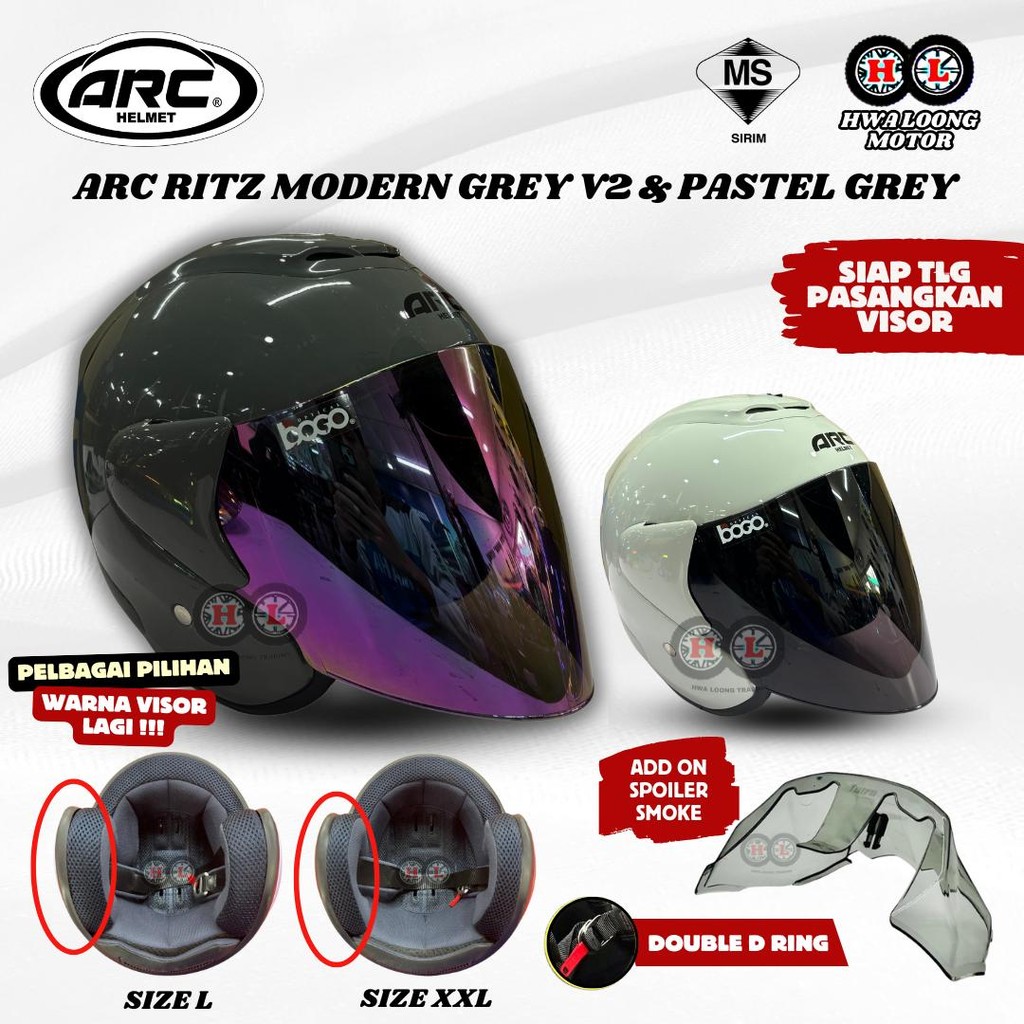 [ COMBO SET ] Helmet ARC RITZ Modern Grey V2 , Pastel Grey Colour Siap ...