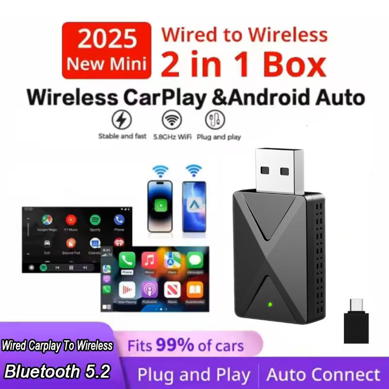 2 in 1 Wired To Wireless Carplay Adapter Android Auto Plug & Play USB ...