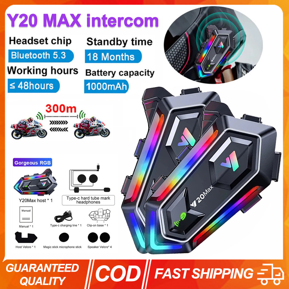Y20 MAX Motorcycle Helmet Bluetooth Headset Intercom RGB Colorful Light ...