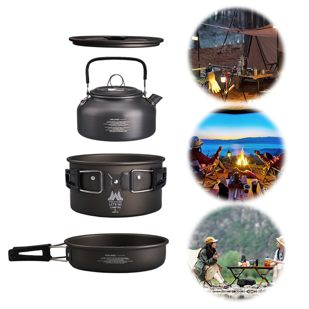 3Pcs/Set Camping Cookware Set with Water Kettle Portable Cookware Kit ...