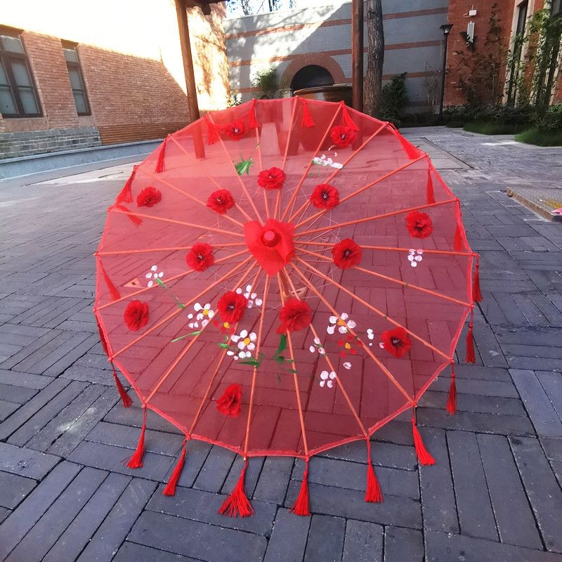 3D绣花伞古典舞伞油纸伞舞蹈伞道具伞大红色旗袍秀伞花边秧歌花伞3D Embroidered Umbrella Classical Dance ...
