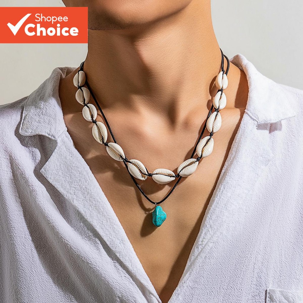 2pcs Bohemian Turquoise Shell Necklace Adjustable Beach Style for Men ...