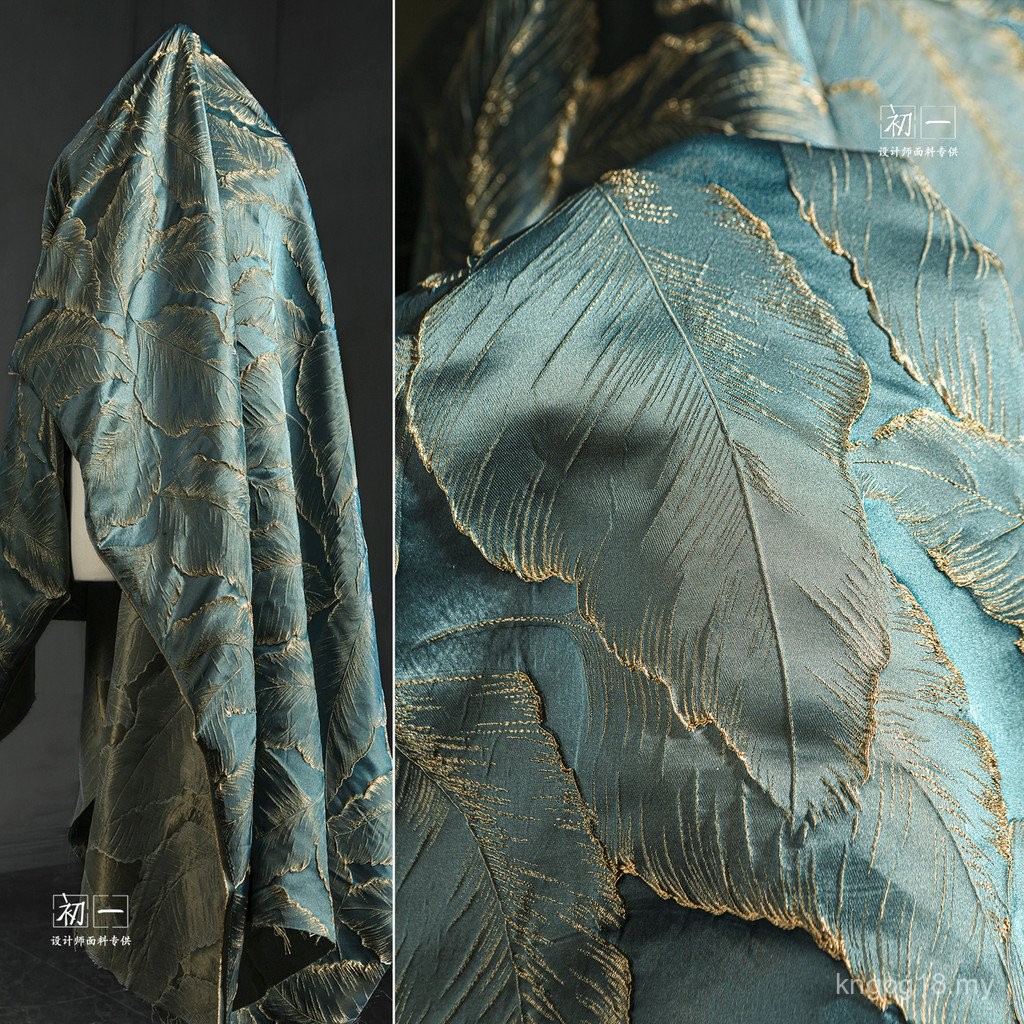 Daun Biru Emas Sutera Jacquard Timbul Kain Tirai Timbul Bahasa Perancis ...