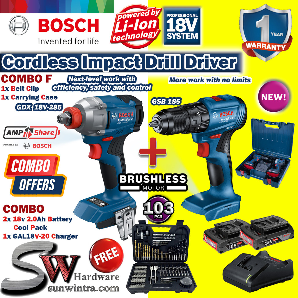 Bosch GDX18V-285 Impact Wrench + GSB185 Impact Drill/Driver COMBO KIT ...