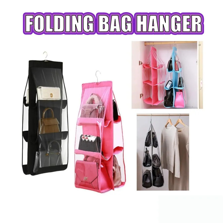 6 Pocket Folding Hanging Handbag Purse Storage Large Clear Holder Anti ...