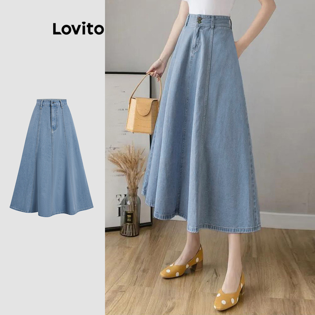 Lovito Elegant Plain Washed Structure Line Ruffle Hem Denim Skirts for ...