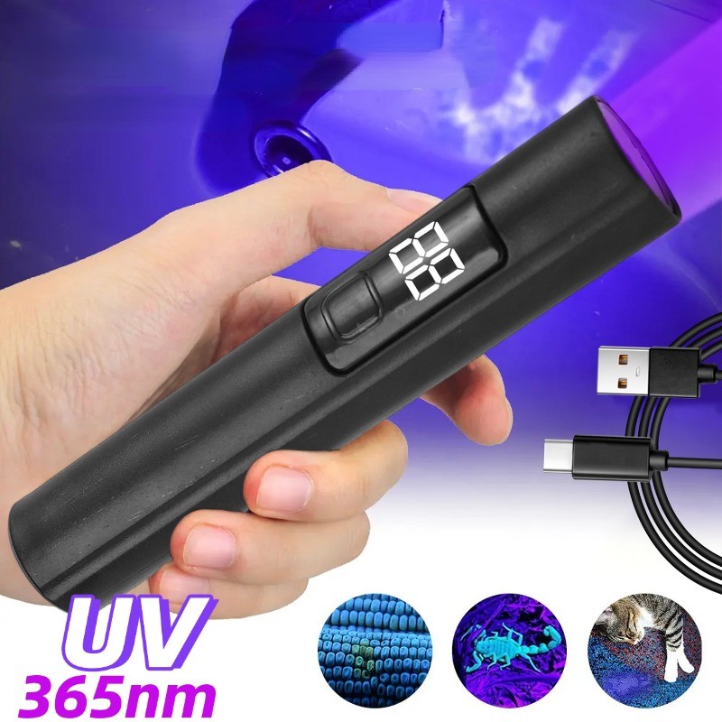 365nm USB Charging UV Flashlight Portable Ultraviolet Torch Digital ...