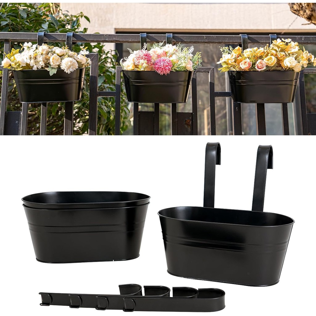 3 Pack Metal Hanging Flower Pots for Railing Fence，Outdoor Balcony Rail ...