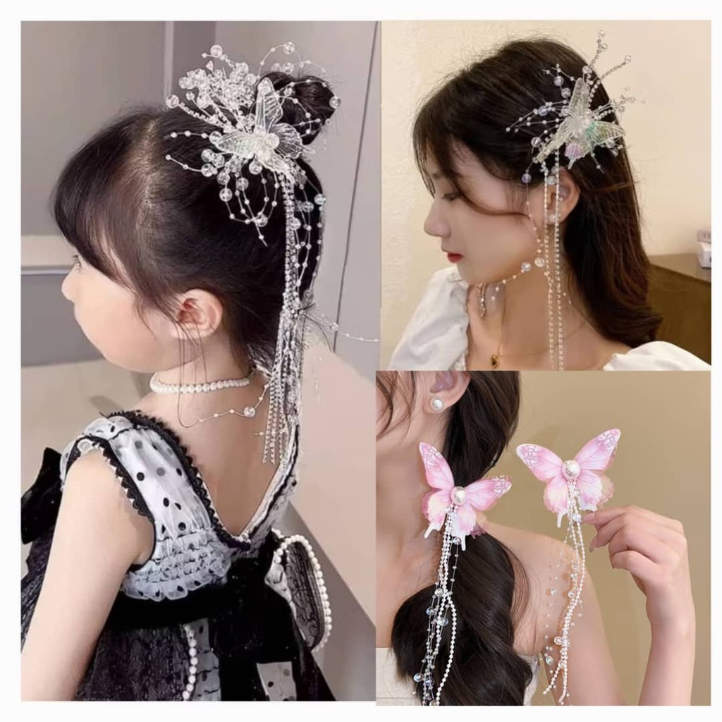 Butterfly Tassel Hair Clip Girls Crystal Mori Princess Elegant Hairclip ...